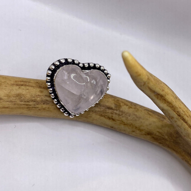 Vintage Pink Rose Quartz Heart Ring Silver Band