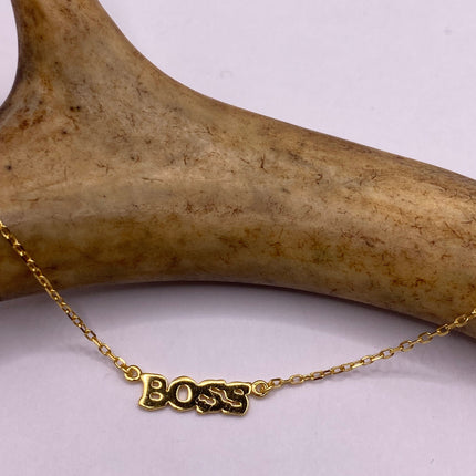 Tiny Gold Necklace | BOSS Letter Word Charm Pendant | Golden 925 Sterling Silver Dainty Chain Necklace | Everyday Minimalist Style