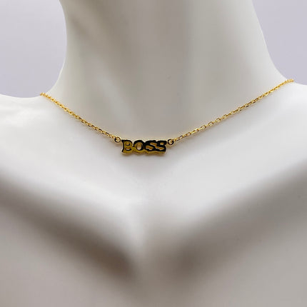 Tiny Gold Necklace | BOSS Letter Word Charm Pendant | Golden 925 Sterling Silver Dainty Chain Necklace | Everyday Minimalist Style