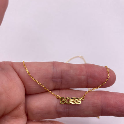 Tiny Gold Necklace | BOSS Letter Word Charm Pendant | Golden 925 Sterling Silver Dainty Chain Necklace | Everyday Minimalist Style