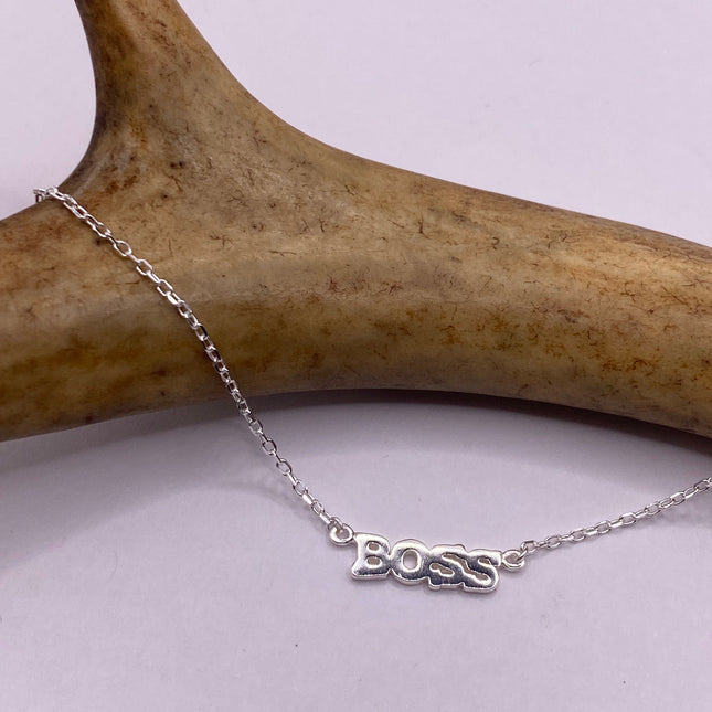 Tiny Silver Necklace "BOSS" Pendant | 925 Sterling Silver Dainty Chain Word Charm Necklace