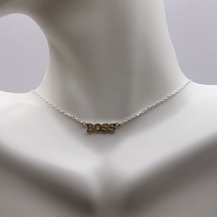 Tiny Silver Necklace "BOSS" Pendant | 925 Sterling Silver Dainty Chain Word Charm Necklace