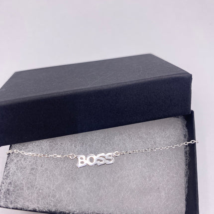Tiny Silver Necklace "BOSS" Pendant | 925 Sterling Silver Dainty Chain Word Charm Necklace