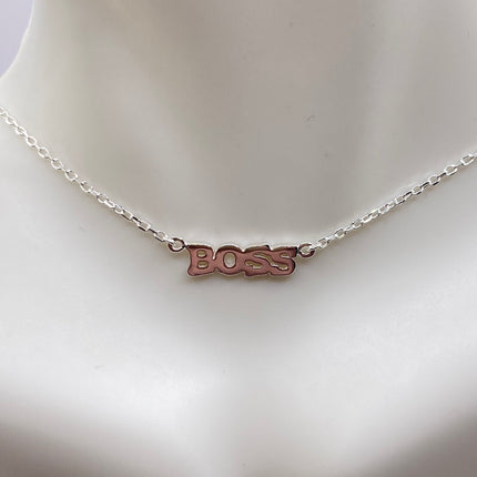 Tiny Silver Necklace "BOSS" Pendant | 925 Sterling Silver Dainty Chain Word Charm Necklace
