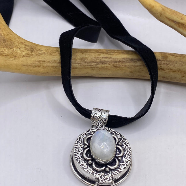 Vintage Poison Pillbox Velvet Choker Photo Locket - Silver ,White Bronze, Rainbow Moonstone, Antique Design Necklace