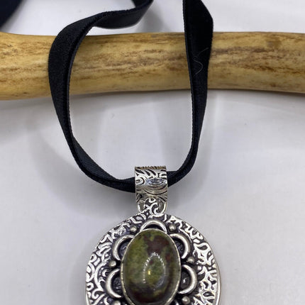 Vintage Poison Pillbox Velvet Choker Locket - Silver, White Bronze, Unakite, Antique Design, Necklace