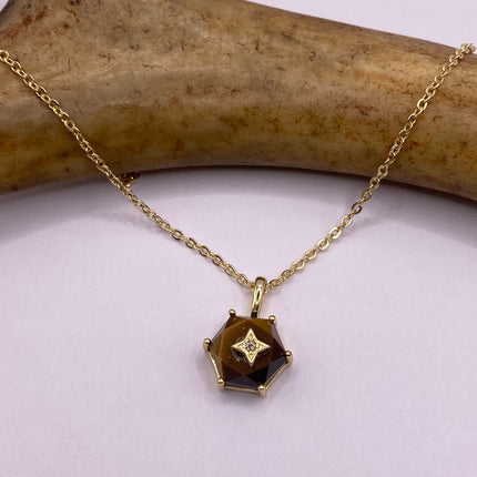 Vintage Tiny Gold Charm Necklace |Tigers Eye Gemstone Dainty Gold 925 Sterling Silver Chain Necklace | Minimalist Style Crystal