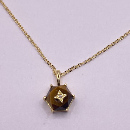 Vintage Tiny Gold Charm Necklace |Tigers Eye Gemstone Dainty Gold 925 Sterling Silver Chain Necklace | Minimalist Style Crystal