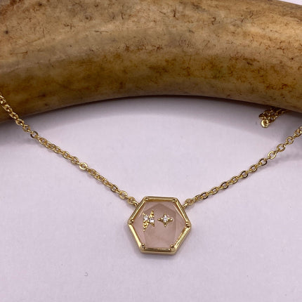 Vintage Tiny Gold Charm Necklace | Pink Rose Quartz Gemstone Dainty Gold 925 Sterling Silver Chain Necklace | Minimalist Style Crystal