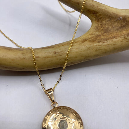 Vintage Gold Locket | Tiny Round Etched Engraved 9K Gold Filled Photo Memory Locket on Delicate Gold Chain | Small Photo Memory Necklace