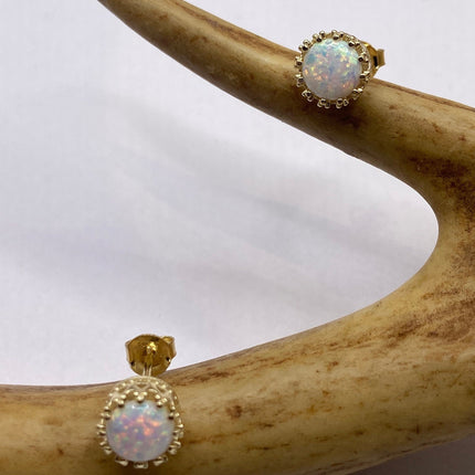 Vintage Gold Earrings | Tiny White Fire Opal Gemstone | Golden 925 Sterling Silver Stud Button Earrings | Minimalist Everyday Jewelry
