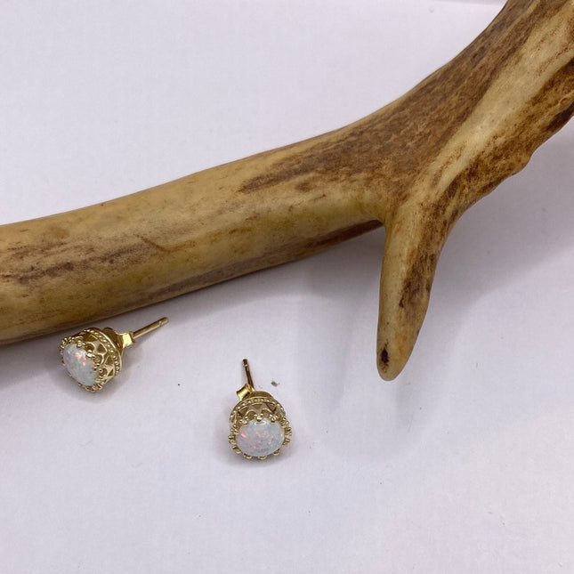 Vintage Gold Earrings | Tiny White Fire Opal Gemstone | Golden 925 Sterling Silver Stud Button Earrings | Minimalist Everyday Jewelry