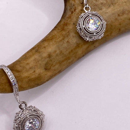 Vintage Silver Earrings | White Sapphire Deco Gemstone Dangle Drop | 925 Sterling Silver Earrings