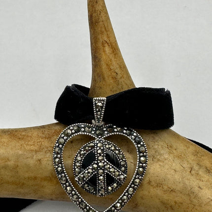 Vintage Black Onyx Marcasite Heart/Peace Sign Choker - 925 Sterling Silver