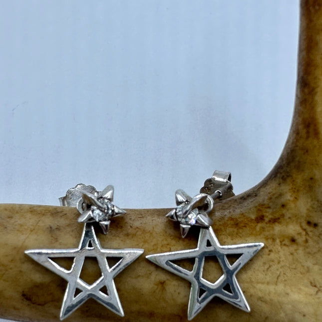 Vintage Silver Earrings | Star Dangle Deco Minimalist 925 Sterling Silver Earrings