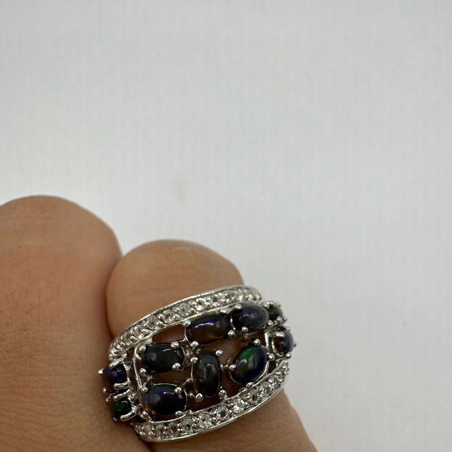 Vintage Black Fire Opal and White Sapphire Band Cocktail Ring