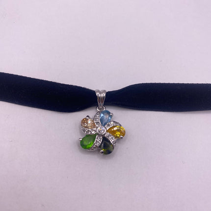 Vintage Flower 925 Sterling Silver Pendant Velvet Choker Necklace