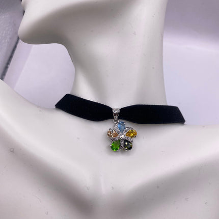 Vintage Flower 925 Sterling Silver Pendant Velvet Choker Necklace
