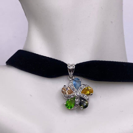Vintage Flower 925 Sterling Silver Pendant Velvet Choker Necklace