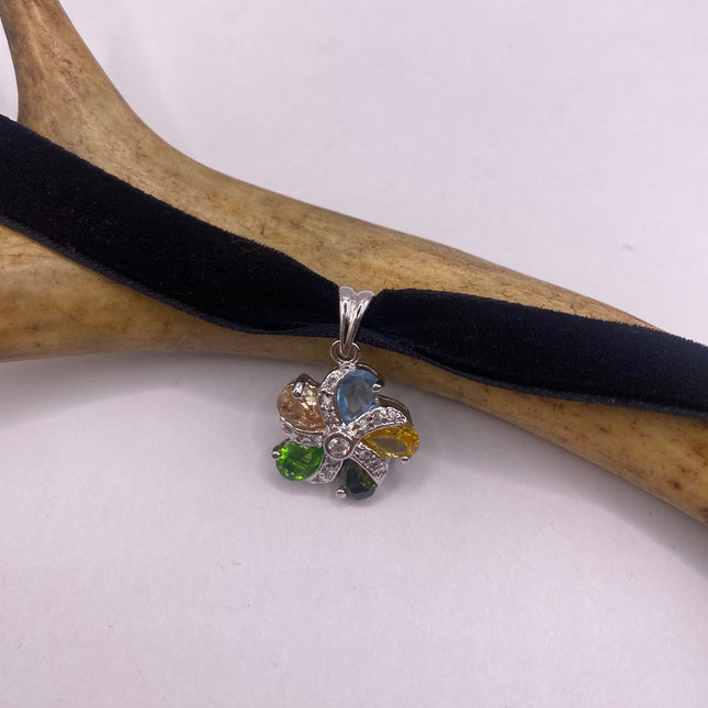 Vintage Flower 925 Sterling Silver Pendant Velvet Choker Necklace