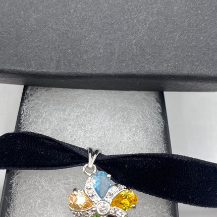 Vintage Flower 925 Sterling Silver Pendant Velvet Choker Necklace