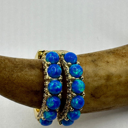 Vintage Gold Earrings | Tiny Blue Fire Opal Hoop Huggie Cuff | Golden 925 Sterling Silver Earrings | Something Blue Wedding Everyday Jewelry