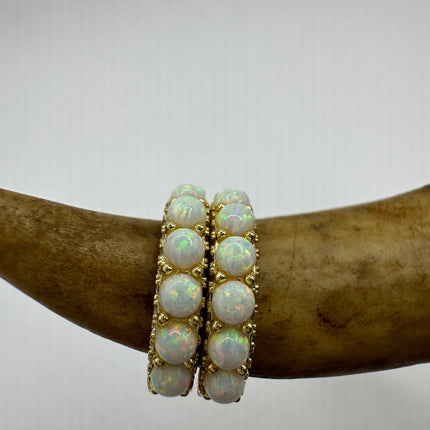 Vintage Gold Earrings | Tiny White Fire Opal Gemstone Dainty Hoop Huggie Earrings