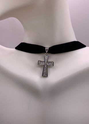 Vintage White Sapphire Pave Cross Choker 925 Sterling Silver Necklace