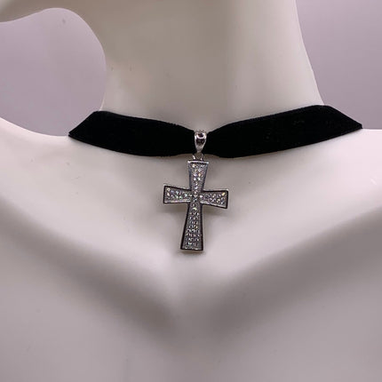 Vintage White Sapphire Pave Cross Choker 925 Sterling Silver Necklace