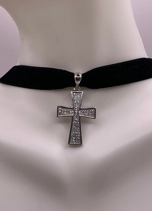 Vintage White Sapphire Pave Cross Choker 925 Sterling Silver Necklace