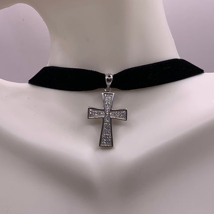 Vintage White Sapphire Pave Cross Choker 925 Sterling Silver Necklace