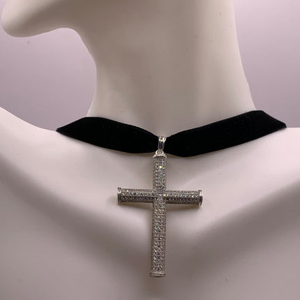 Vintage White Sapphire Pave Cross Choker 925 Sterling Silver Necklace