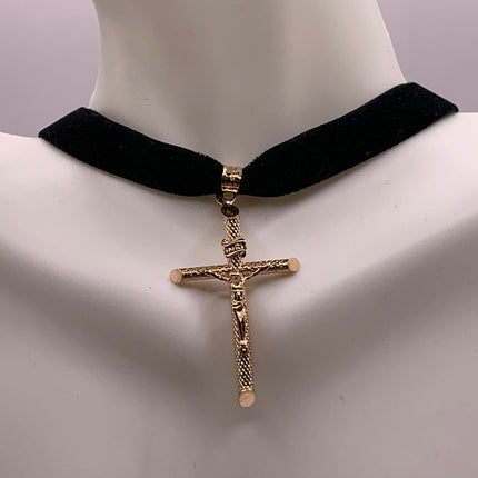 Vintage Gold Pendant | Cross Crucifix Statement Charm Pendant | Golden 925 Sterling Silver Velvet Choker Necklace