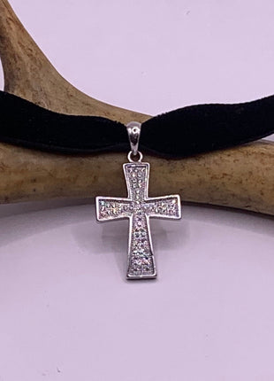 Vintage White Sapphire Pave Cross Choker 925 Sterling Silver Necklace