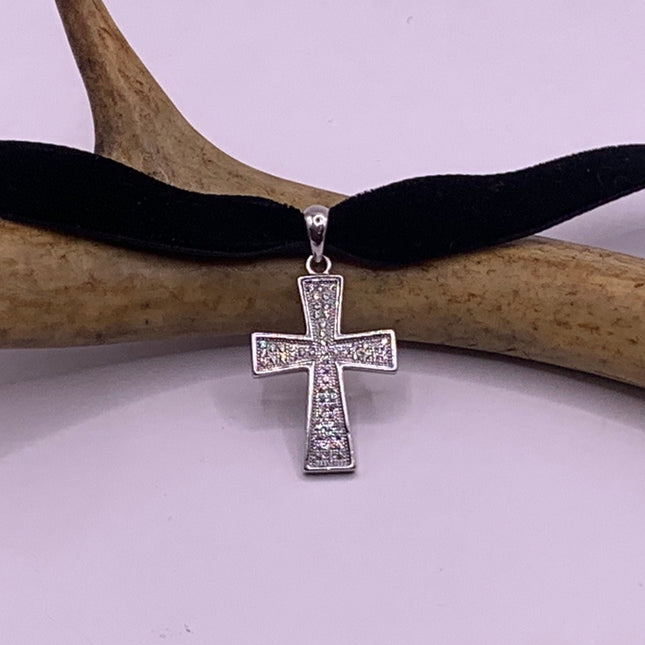 Vintage White Sapphire Pave Cross Choker 925 Sterling Silver Necklace