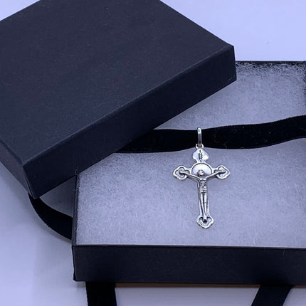 Vintage Cross Crucifix Black Velvet Choker Pendant Necklace | 925 Sterling Silver Cross Ribbon Choker
