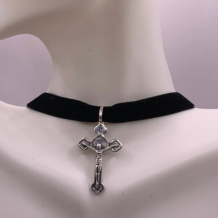 Vintage Cross Crucifix Black Velvet Choker Pendant Necklace | 925 Sterling Silver Cross Ribbon Choker
