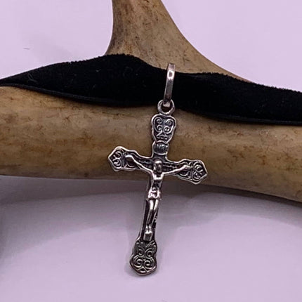 Vintage Cross Crucifix Black Velvet Choker Pendant Necklace | 925 Sterling Silver Cross Ribbon Choker
