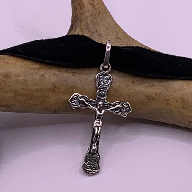 Vintage Cross Crucifix Black Velvet Choker Pendant Necklace | 925 Sterling Silver Cross Ribbon Choker