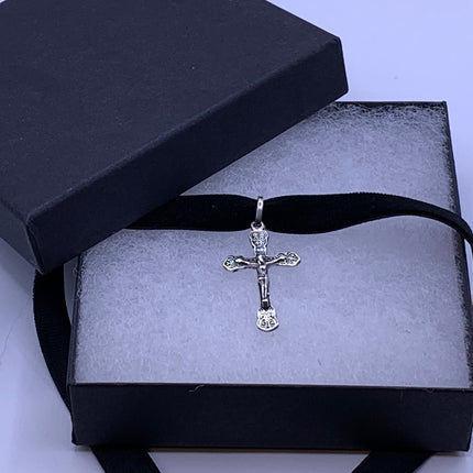 Vintage Cross Crucifix Black Velvet Choker Pendant Necklace | 925 Sterling Silver Cross Ribbon Choker