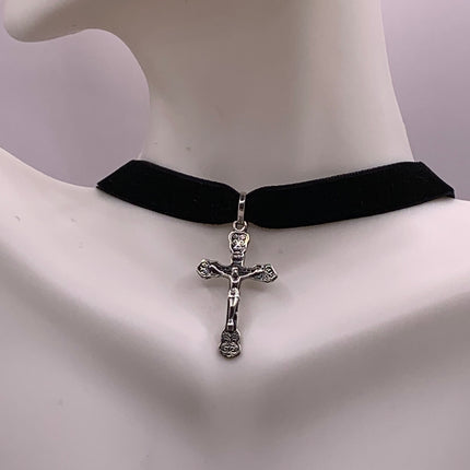 Vintage Cross Crucifix Black Velvet Choker Pendant Necklace | 925 Sterling Silver Cross Ribbon Choker