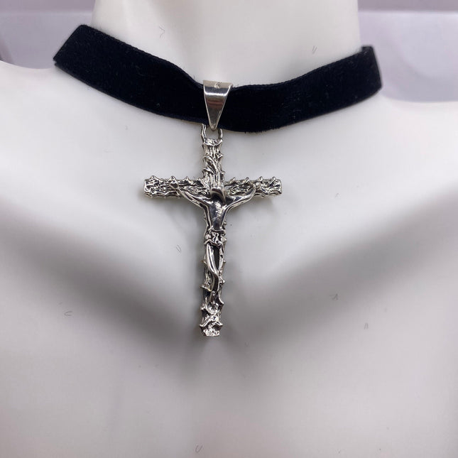 Vintage Silver Pendant | Cross Crucifix Religious Charm Prayer Pendant | 925 Sterling Silver Ribbon Choker Necklace