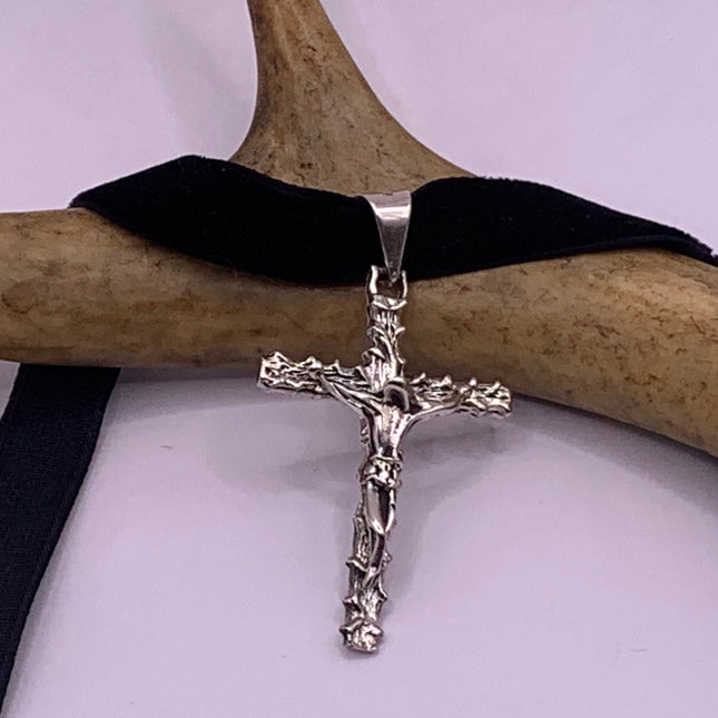 Vintage Silver Pendant | Cross Crucifix Religious Charm Prayer Pendant | 925 Sterling Silver Ribbon Choker Necklace