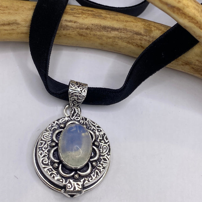 Vintage Poison Pillbox Velvet Choker Locket - Silver, White Bronze, Antique Design, Milk Glass Necklace