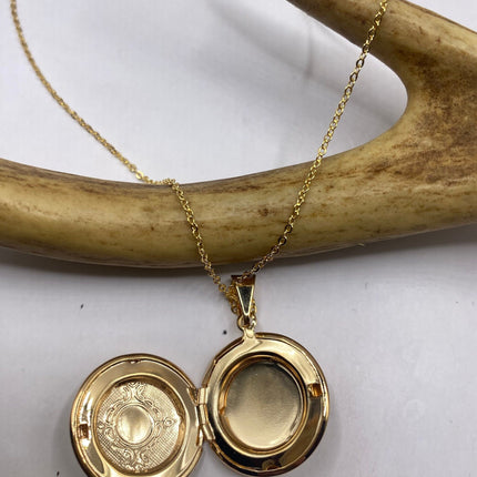 Vintage Gold Locket | Tiny Round Etched Engraved 9K Gold Filled Photo Memory Locket on Delicate Gold Chain | Small Photo Memory Necklace