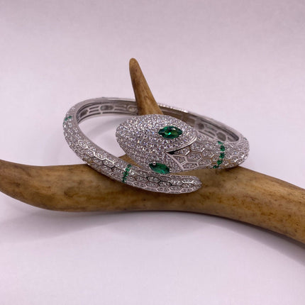 Vintage Silver Snake Bracelet | Emerald Green and Cubic Zirconia Crystal Diamond Serpent Bangle Cuff | 925 Sterling Silver Bracelet