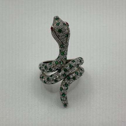 Vintage Silver Snake Ring | Green Chrome Diopside Gemstone Crystal Serpent Ring | 925 Sterling Silver Band Statement Cocktail Ring