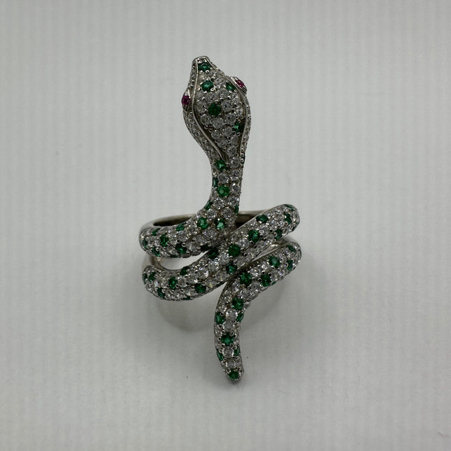 Vintage Silver Snake Ring | Green Chrome Diopside Gemstone Crystal Serpent Ring | 925 Sterling Silver Band Statement Cocktail Ring