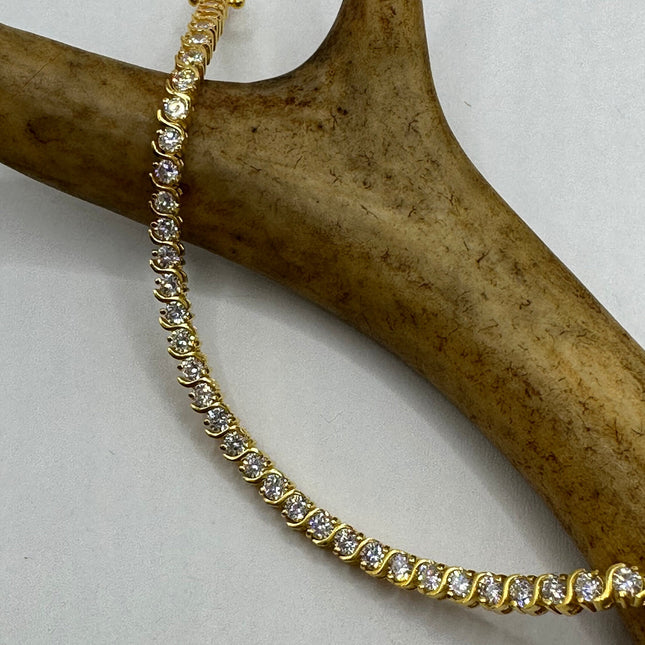 Vintage Gold Tennis Bracelet | CZ Crystal Diamond Gemstone Golden 925 Sterling Silver Bracelet | Elegant Everyday Wedding or Prom