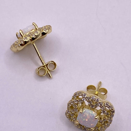 Vintage Gold Earrings | Mini White Fire Opal Gemstone | Golden 925 Sterling Silver Stud Button Earrings for Everyday Wedding or Prom Jewelry